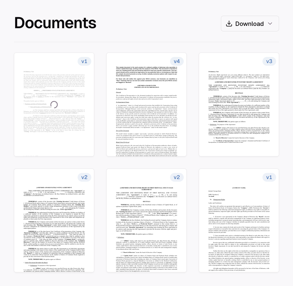 Walton documents list with six generated deal documents, the Stock Purchase Agreement still generating